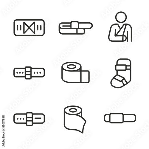 Medical Straps Icons. Outline icon set of medical straps: bandage strap, tourniquet, arm sling, brace strap, medical tape, cast