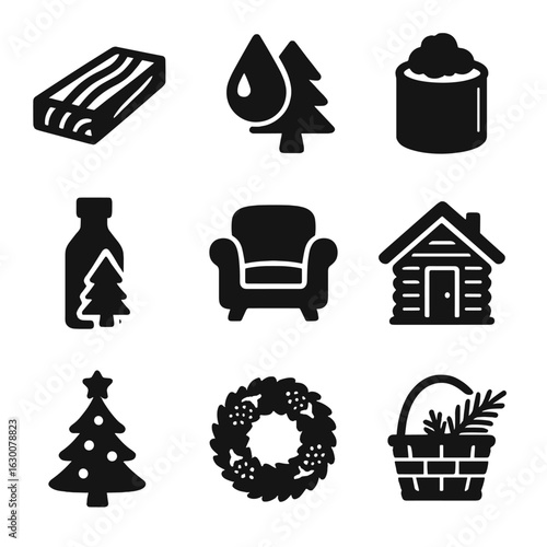 Pine Product Icons. Solid, filled icons set of pine tree products and uses: pine wood plank, pine resin, paper