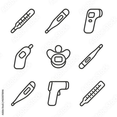 Medical Thermometer Icons. Outline icon set of medical thermometers: mercury thermometer, digital oral thermometer, forehead