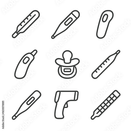Medical Thermometer Icons. Outline icon set of medical thermometers: mercury thermometer, digital oral thermometer, forehead
