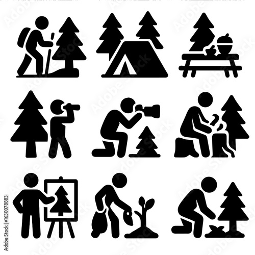 Pine Tree Activities Icons. Solid, filled icons set of pine tree related activities: hiking trail, camping
