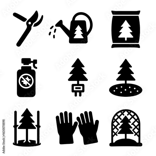 Pine Tree Care Icons. Solid, filled icons set of pine tree care and maintenance: pruning shears, watering can,