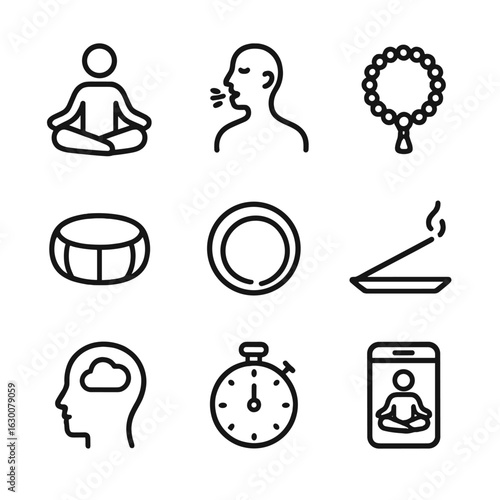 Meditation Icon Set. Outline icon set of meditation practice: lotus pose, breathing exercise, mantra bead, meditation cushion, zen