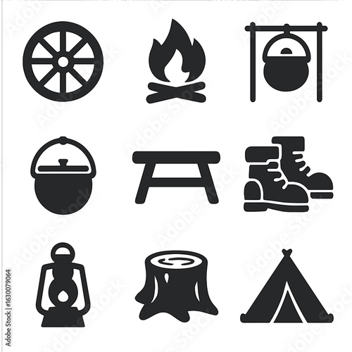 Pioneer Camp Icons. Solid, filled icons set of pioneer camp: wagon wheel, campfire, kettle, cooking pot,