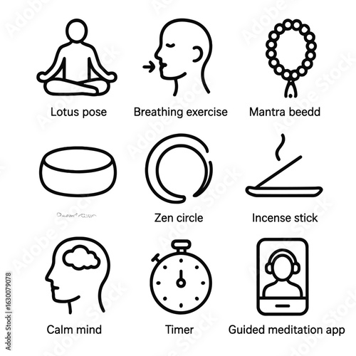 Meditation Icon Set. Outline icon set of meditation practice: lotus pose, breathing exercise, mantra bead, meditation cushion, zen
