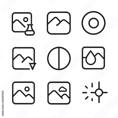 Photo Effects Icons. Outline icon set of photo effects: sepia, vignette, blur, sharpen, contrast, saturation, grayscale, HDR, lens