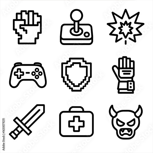 Pixelated Game Icons. Outline icon set of action game fan art: pixelated fist, joystick, explosion, game