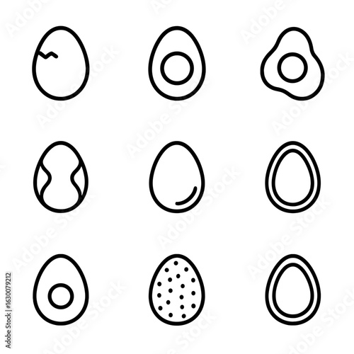 Egg Anatomy Icons. Outline icon set of egg anatomy: eggshell, yolk, egg white, chalaza, air cell, membrane layers, blastodisc,