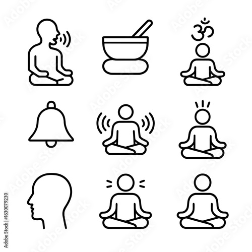 Meditation Sound Icons. Outline icon set of hum in meditation: hum of chant, Tibetan singing bowls, om chant, sound of mantra,