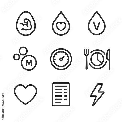 Egg Nutrition Icons. Outline icon set of egg nutrition: protein symbol, cholesterol icon, vitamin drop, mineral icon, calorie