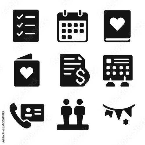 Planning Icons Grid. Solid, filled icons set of planning and preparation: checklist, calendar, planner,