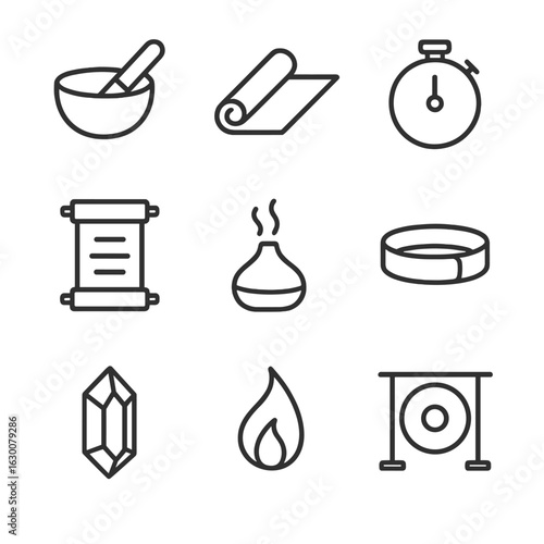 Meditation Tools Icons. Outline icon set of meditation tools: singing bowl, yoga mat, timer, aroma diffuser, mantra scroll,