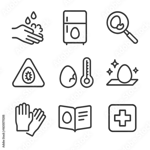 Egg Safety Icons. Outline icon set of egg safety and handling: hand washing icon, temperature control fridge, crack inspection,