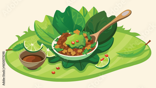 A bowl of larb with lime wedges and dipping sauce on a bed of lettuce with a wooden spoon near it