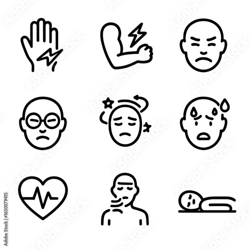 Electric Shock Symptoms Icons. Outline icon set of electrical shock symptoms: numb hand, muscle spasm, facial grimace, blurred