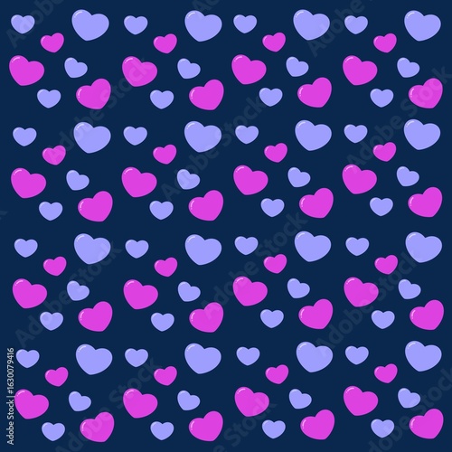 Seamless Pattern of Pastel Pink and Purple Hearts on Dark Blue Background