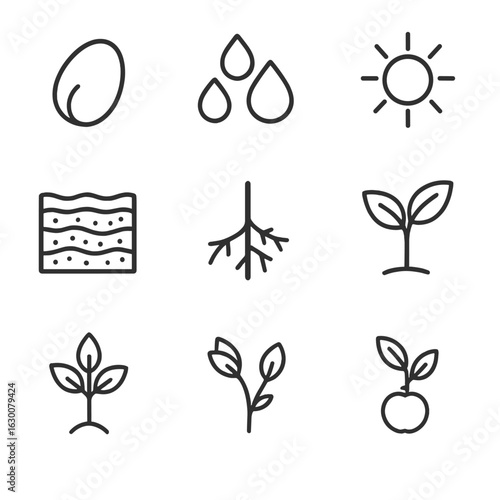 Plant Growth Icon Set. Outline icon set of plant growth essentials: seed, water droplets, sun, soil layers,