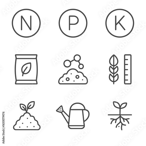 Plant Nutrition Icons. Outline icon set of plant nutrition: nitrogen symbol, phosphorus symbol, potassium