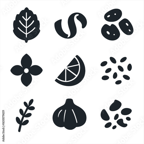 Plating Garnish Icons. Solid, filled icons set of plating garnishes: mint leaf, orange peel, toasted nuts,