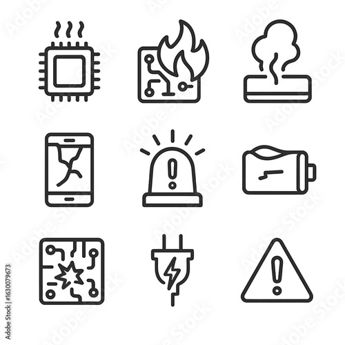 Electronic Meltdown Icons. Outline icon set of electronic meltdown: overheating CPU, burning circuit, smoke from device, broken