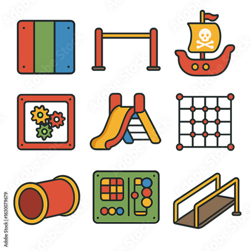 Playground Icon Set. Solid, filled icons set of playground design elements: colorful panels, safety rails,