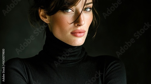 Close-up of a woman with a thoughtful expression, wearing a black turtleneck