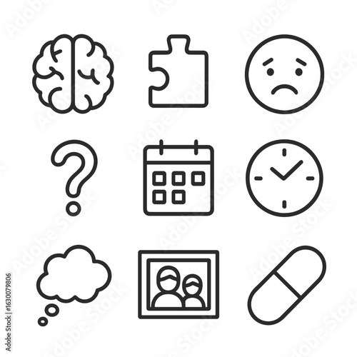 Memory Loss Icons. Outline icon set of memory loss and dementia: brain, puzzle piece, forgetful face, question mark, calendar,