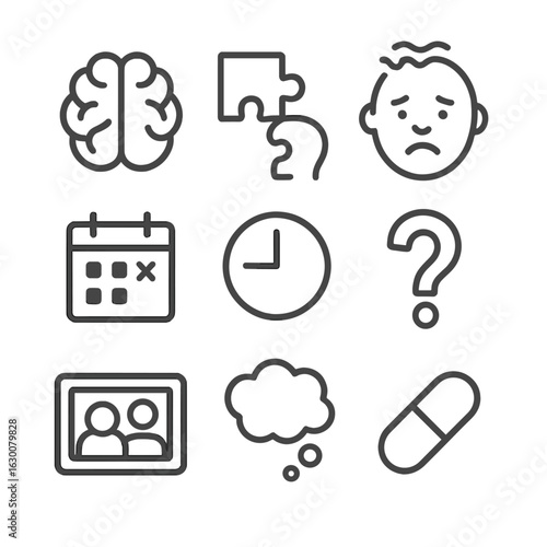 Memory Loss Icons. Outline icon set of memory loss and dementia: brain, puzzle piece, forgetful face, question mark, calendar,
