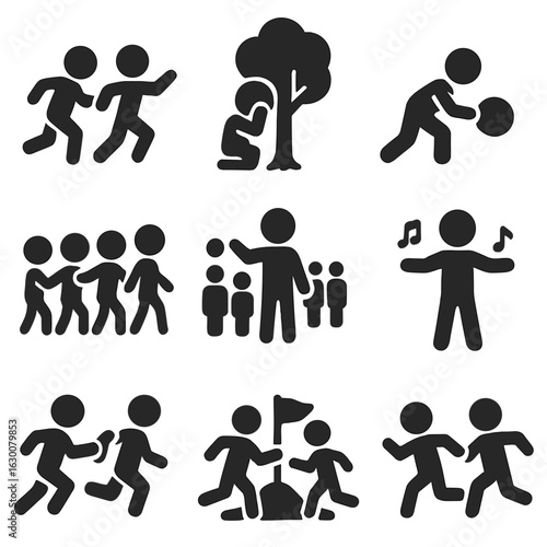 Playground Games Icons. Solid, filled icons set of fun playground games: tag, hide and seek, dodgeball, follow