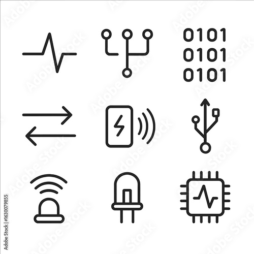 Electronic Signal Icons. Outline icon set of electronic signals: electric pulse, circuit signal, binary code, data transfer,