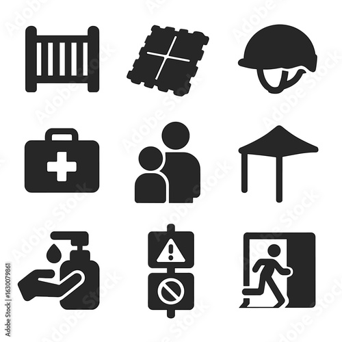 Playground Safety Icons. Solid, filled icons set of playground safety features: safety fence, rubber floor mat