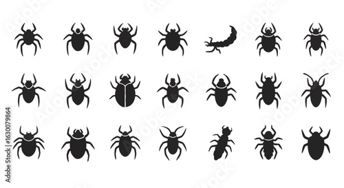 Insect and bug icon set. Simple black glyphs of various arachnids, beetles, and pests for entomology or design concepts.