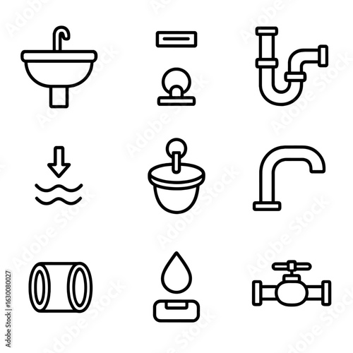 Plumbing Icons Grid. Outline icon set of Sink plumbing and overflow parts: basin, overflow vent, drain system,