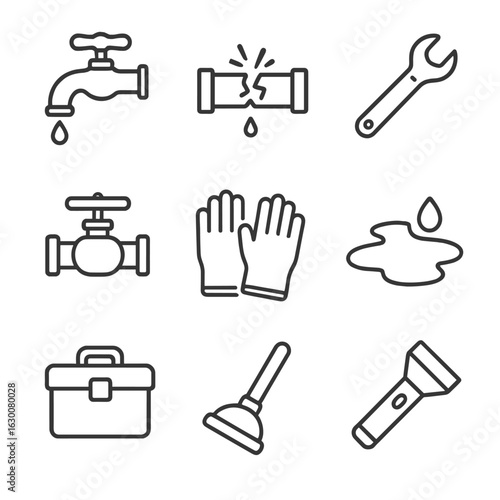 Plumbing Emergency Icons. Outline icon set of plumbing emergency: dripping faucet, burst pipe, wrench, water