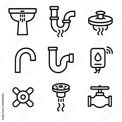 Plumbing System Icons. Outline icon set of Plumbing sink overflow system: sink bowl, overflow vent, drain pipe