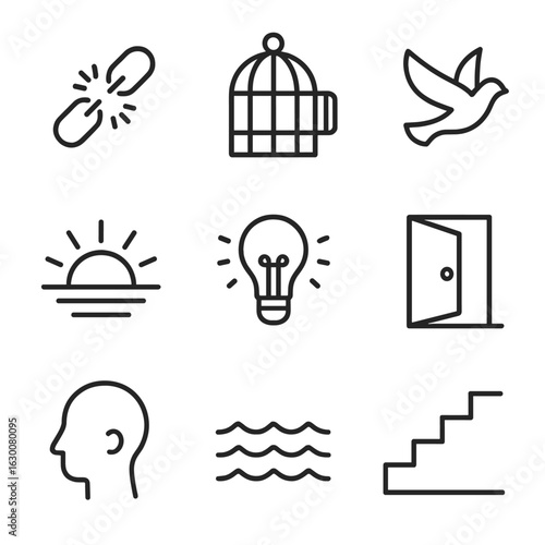 Mental Liberation Icons. Outline icon set of mental breakthrough and liberation: broken chains, open cage, flying bird, sunrise