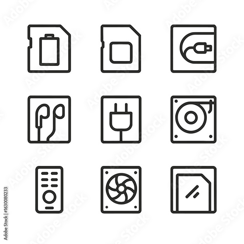 Electronics Icons Outline. Outline icon set of electronics compartments: battery slot, SD card holder, USB cable section, earbud