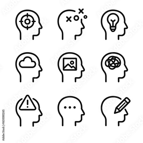 Mental States Icons. Outline icon set of mental states: focus, distraction, inspiration, daydream, memory, confusion, alertness,