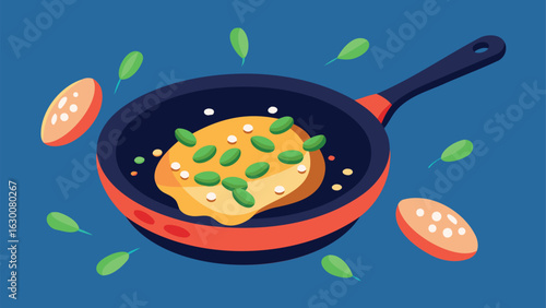 Illustration of an omelet with green beans and white dots in a frying pan on a blue background