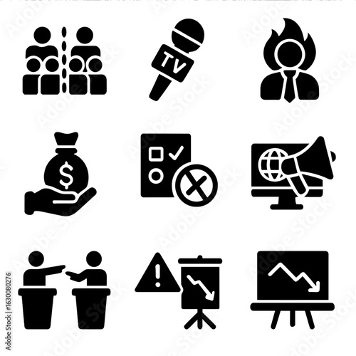 Political Icons Grid. Solid, filled icons set of political challenges and debates: divided crowd, media