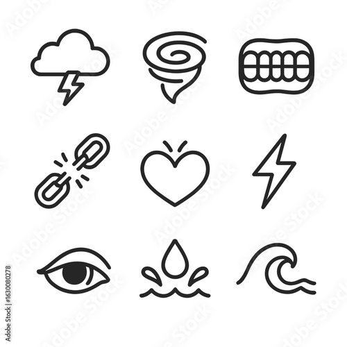 Mental Unrest Icons. Outline icon set of mental unrest: storm cloud, swirling cyclone, clenched teeth, broken chain, pounding