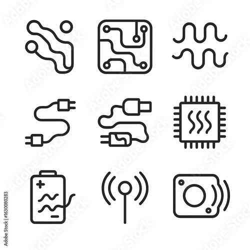 Electronics Groove Icons. Outline icon set of groove in electronics and circuits: circuit groove, PCB track groove, wire groove,