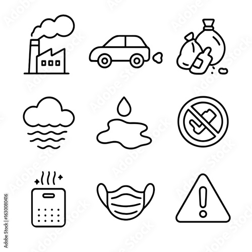 Pollution Awareness Icons. Outline icon set of pollution awareness: factory smoke, car exhaust, trash pile,