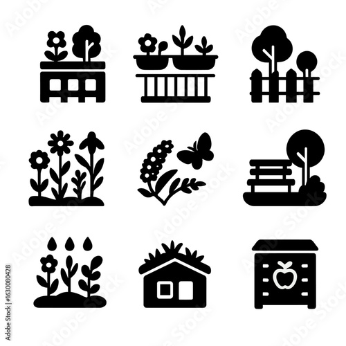 Pollinator Garden Icons. Solid, filled icons set of pollinator gardens and urban greening: rooftop garden,