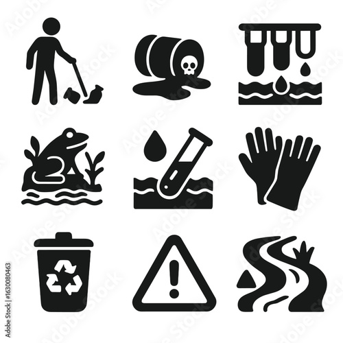 Pollution Cleanup Icons. Solid, filled icons set of pollution cleanup efforts: trash pickup, chemical spill,