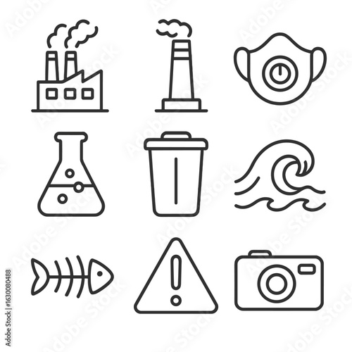 Pollution Monitoring Icons. Outline icon set of pollution monitoring: factory, smoke stack, mask, chemical