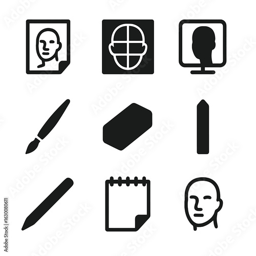Portrait Drawing Essentials. Solid, filled icons set of portrait drawing essentials: pencil sketch, facial