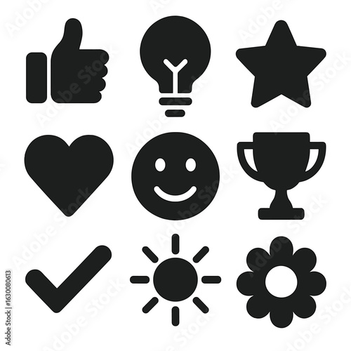 Positive Affirmation Icons. Solid, filled icons set of positive affirmation symbols: thumbs up, light bulb,