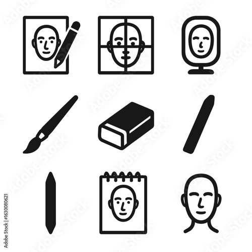 Portrait Drawing Essentials. Solid, filled icons set of portrait drawing essentials: pencil sketch, facial