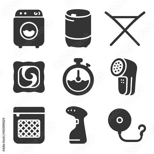Portable Laundry Icon Set. Solid, filled icons set of portable laundry equipment: mini washer, spin dryer,